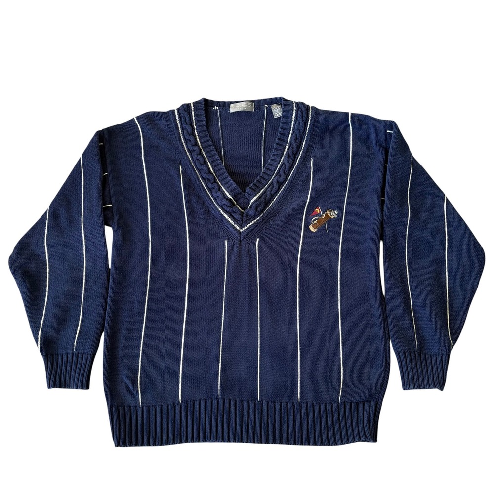 VTG Lord Taylor Mens Striped V-Neck Golf Patch Sweater Sz M Navy Preppy Golfcore